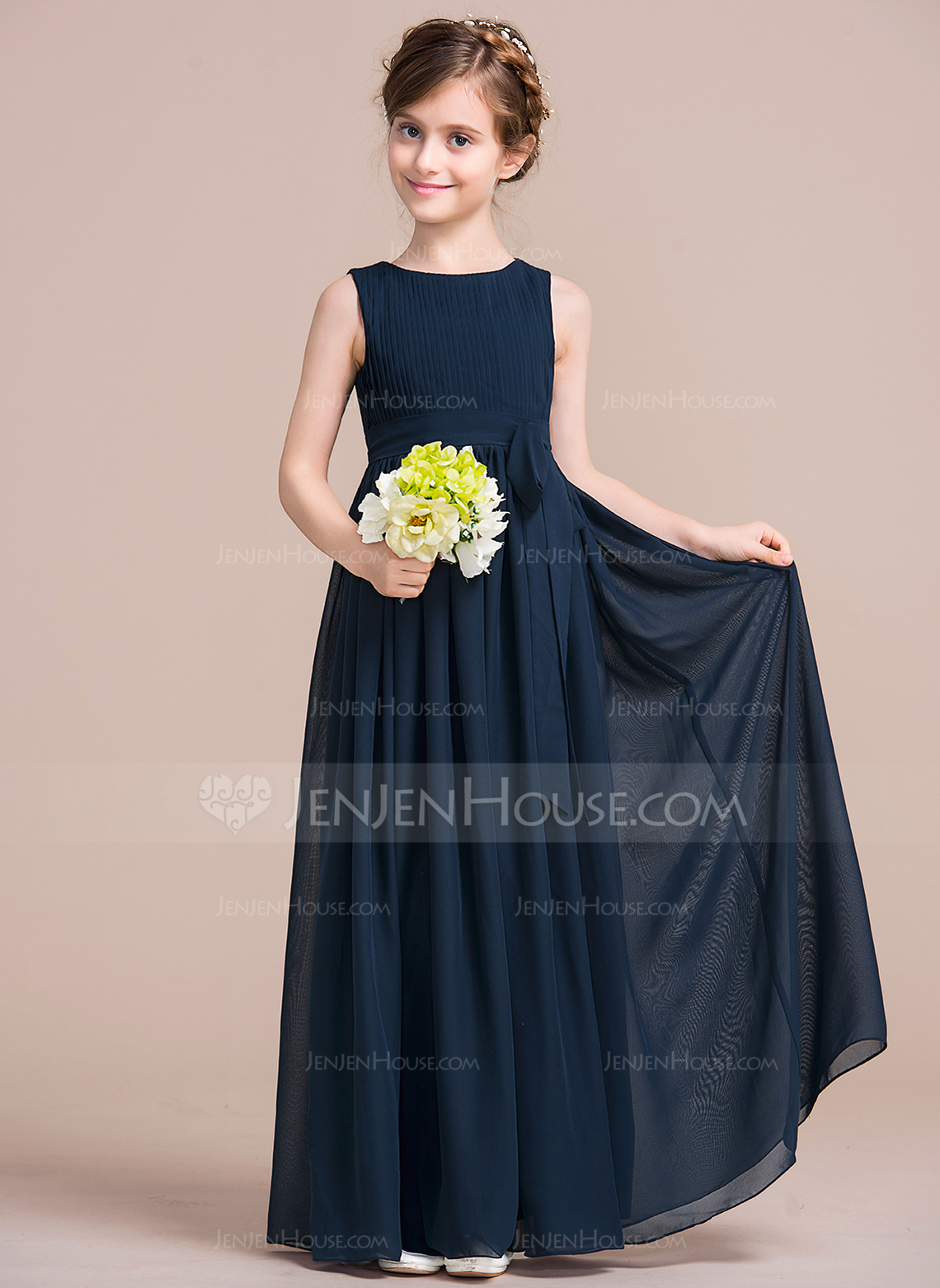 Corte imperial Hasta el suelo Vestidos de Niña Florista - Gasa Sin mangas  Escote redondo con Lazo(s) (010106134) - JenJenHouse