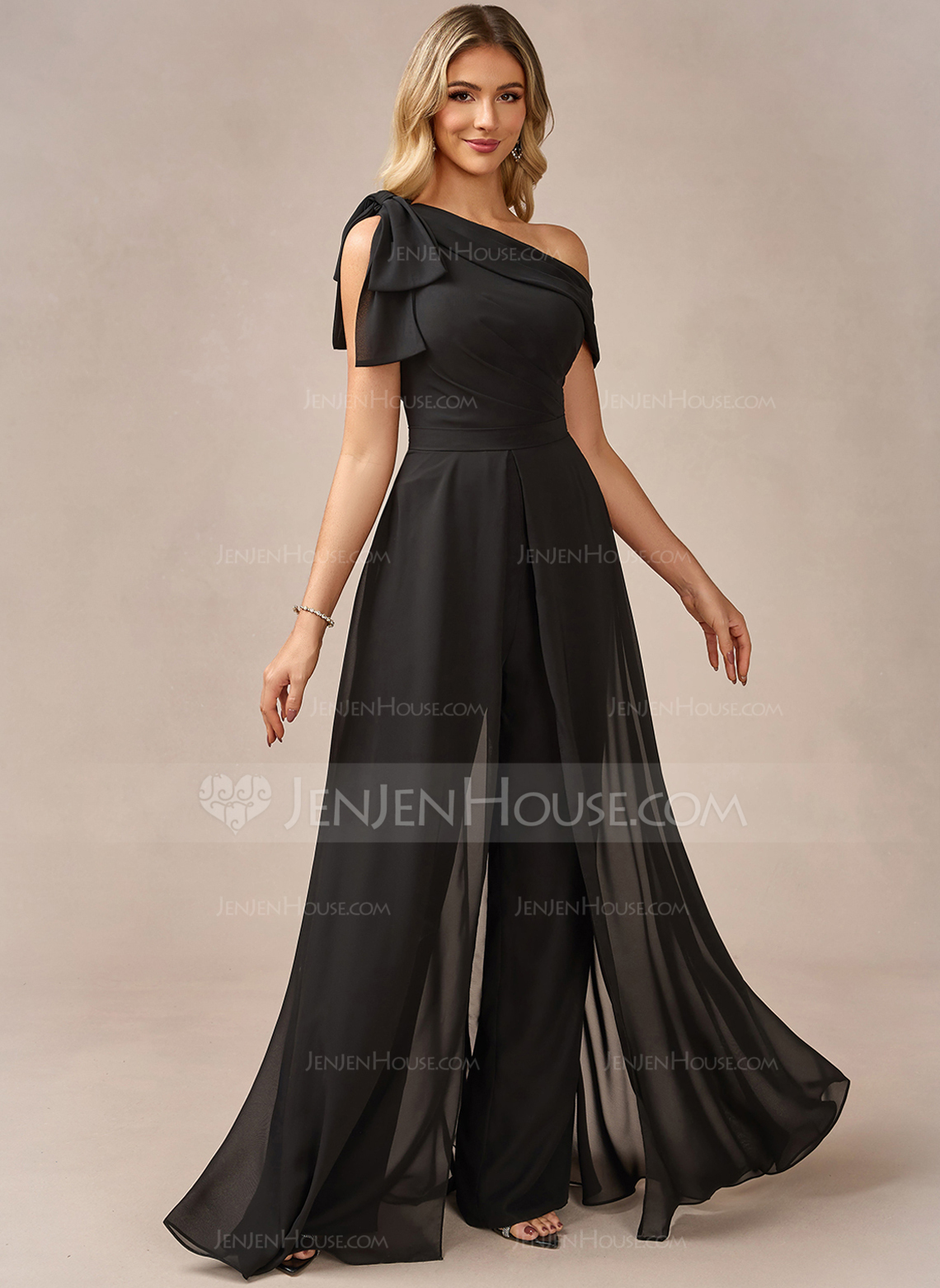 Jumpsuits One Shoulder Floor-Length Chiffon Evening Dress With Overskirt Bow 