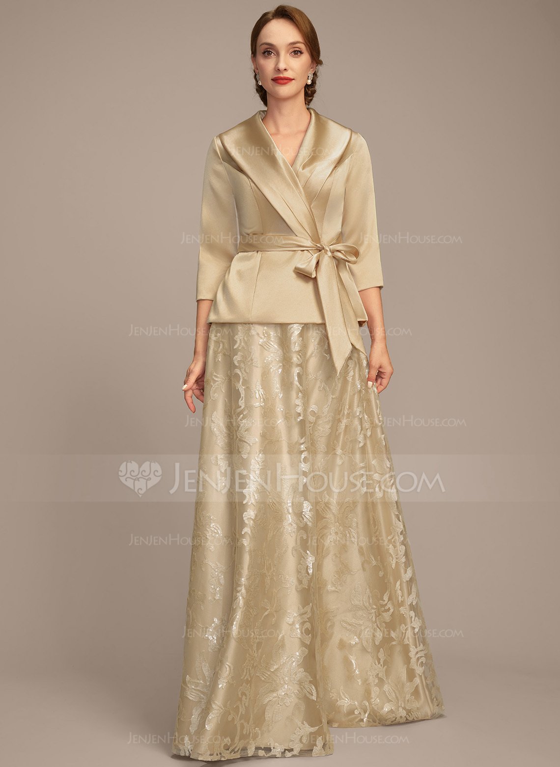 A-line Separates V-Neck Collared Floor-Length Stretch Satin Lace Mother of the Bride Dress With Bow Pleated 