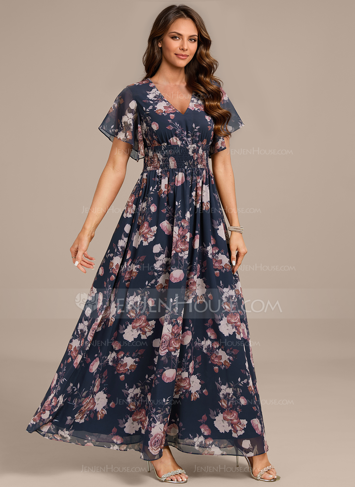 A-line V-Neck Floor-Length Chiffon Evening Dress With Smocked Floral Print 