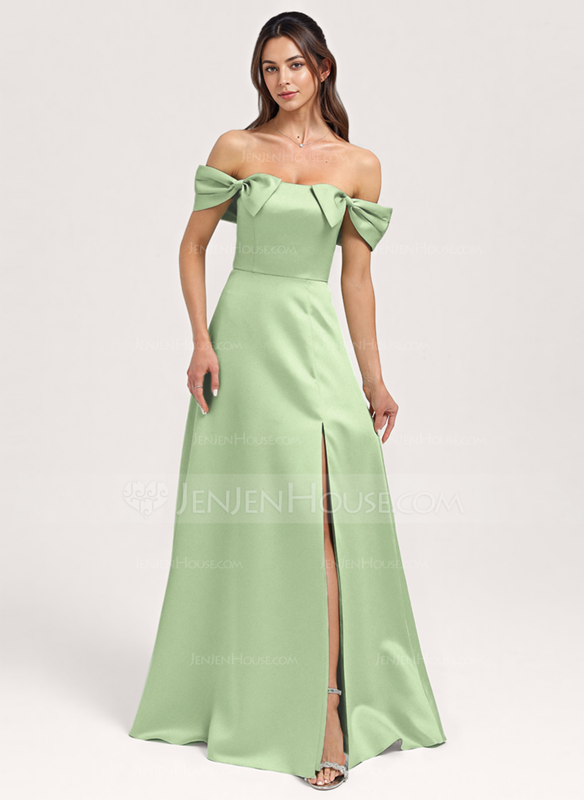 A-line Off the Shoulder Floor-Length Satin Bridesmaid Dress With Bow 