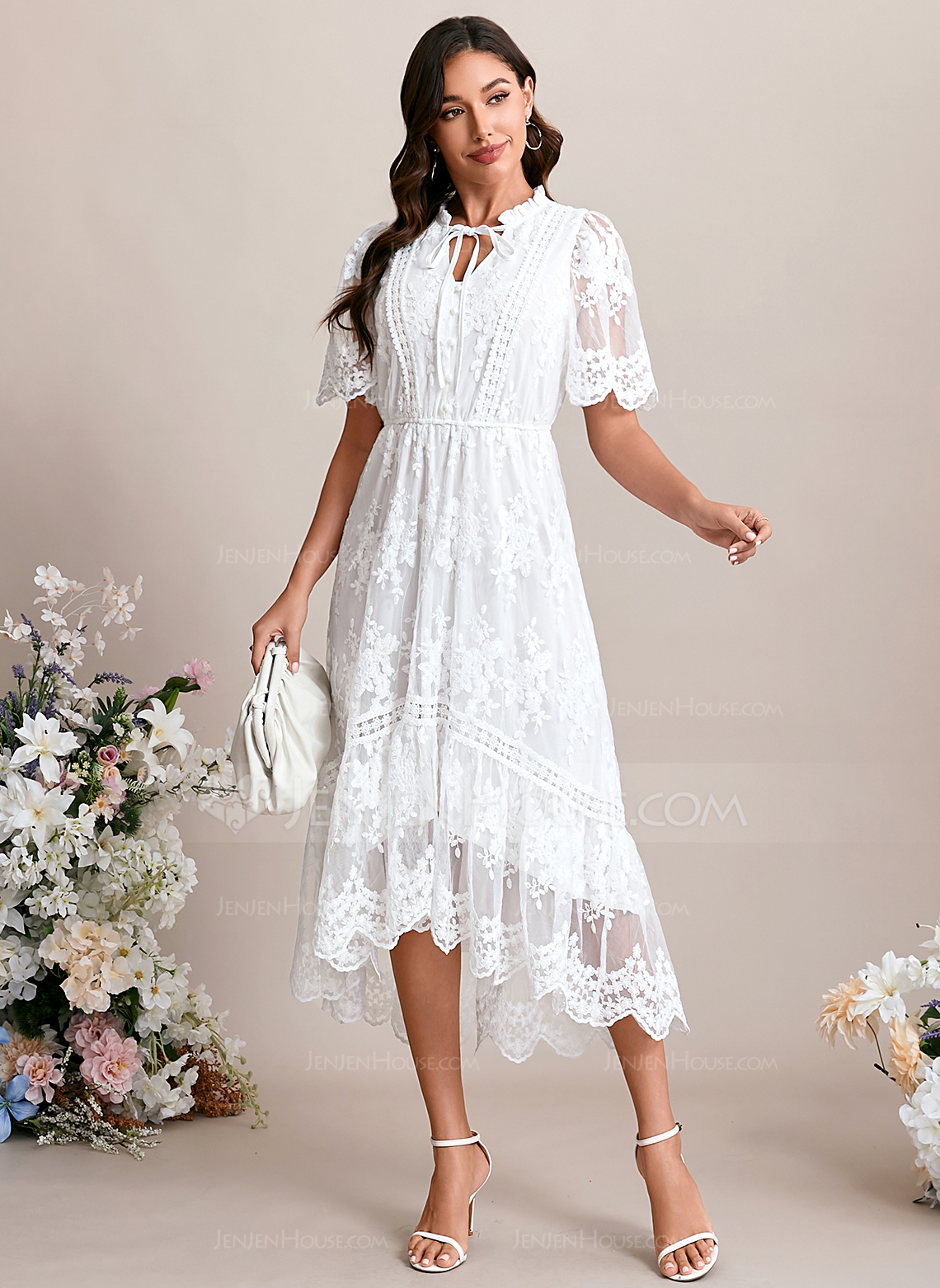 A-line V-Neck Tea-Length Lace Wedding Dress With Embroidered 
