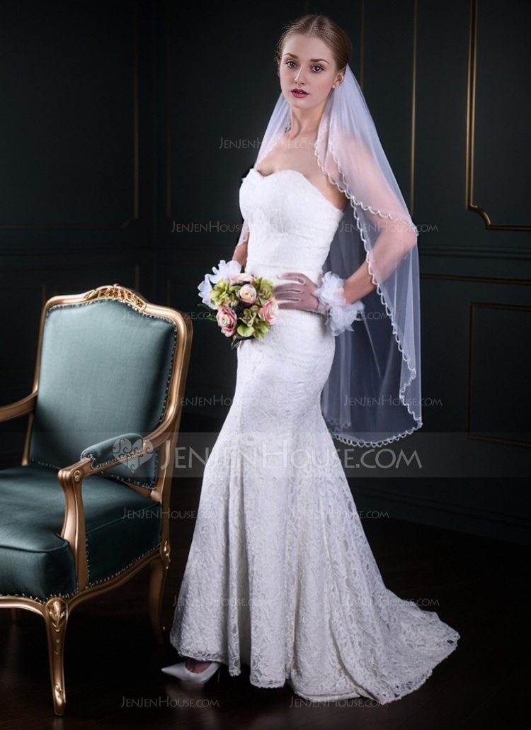 Beading Cut Edge Two Tier Tulle Bridal Fingertip Length Wedding Veils With Blusher 