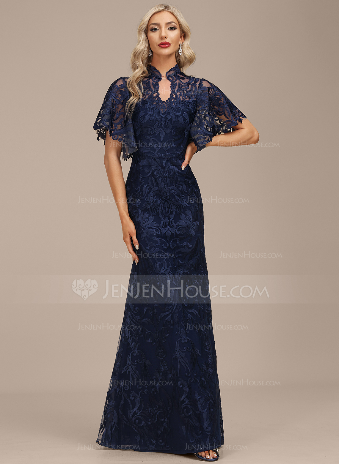 Linjeform høy Hals Illusjon Gulvlengde Blonder Festkjole 