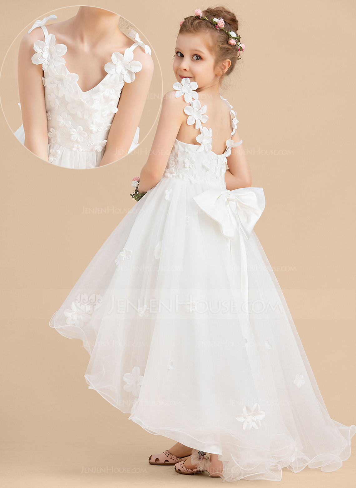 Prinzessin V-Ausschnitt Vokuhila Tüll Blumenmädchenkleid mit Schleife Perlen 3D-Blumen 