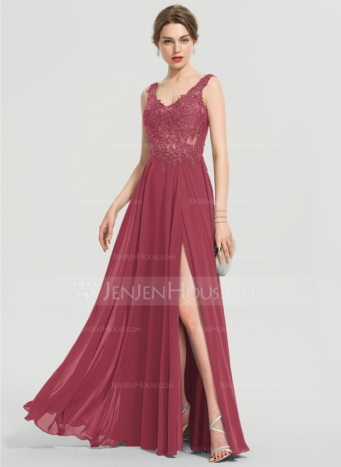 A-Linien-Kleid V-Ausschnitt Bodenlang Chiffon Spitze Ballkleid mit Perlen Pailletten 