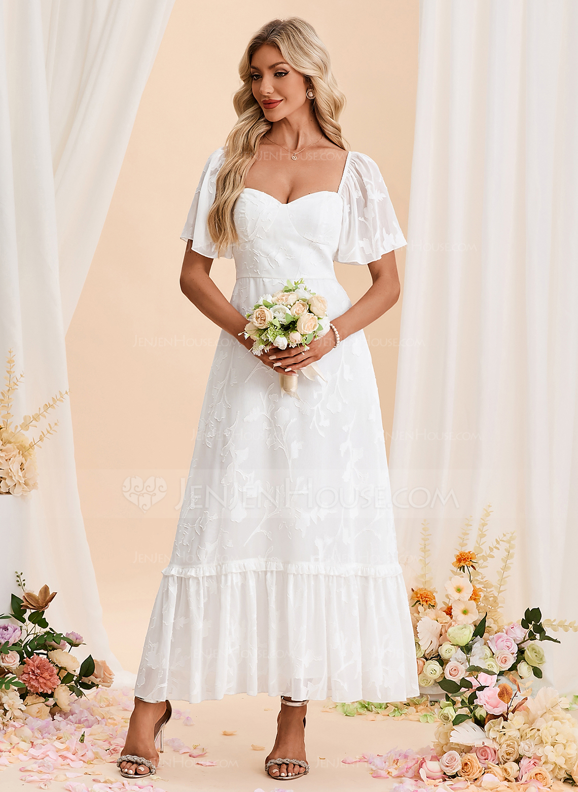 A-line Sweetheart Ankle-Length Chiffon Wedding Dress 