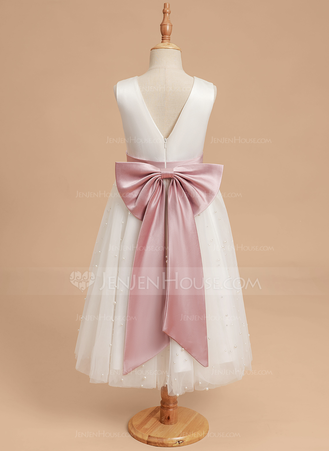 A-line Scoop Tea-Length Satin Tulle Flower Girl Dress With Beading Bow Sash 