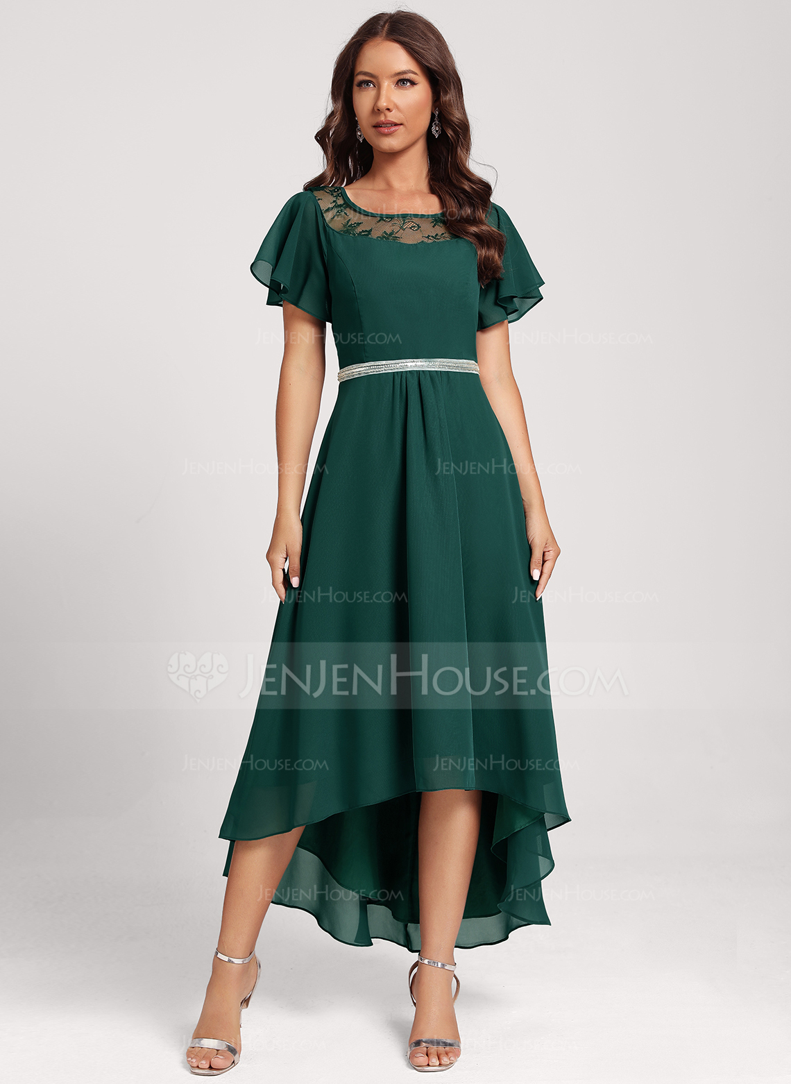 A-line kjole Scoop Asymmetrisk Chiffon Blonder Cocktailkjole med Profilering 