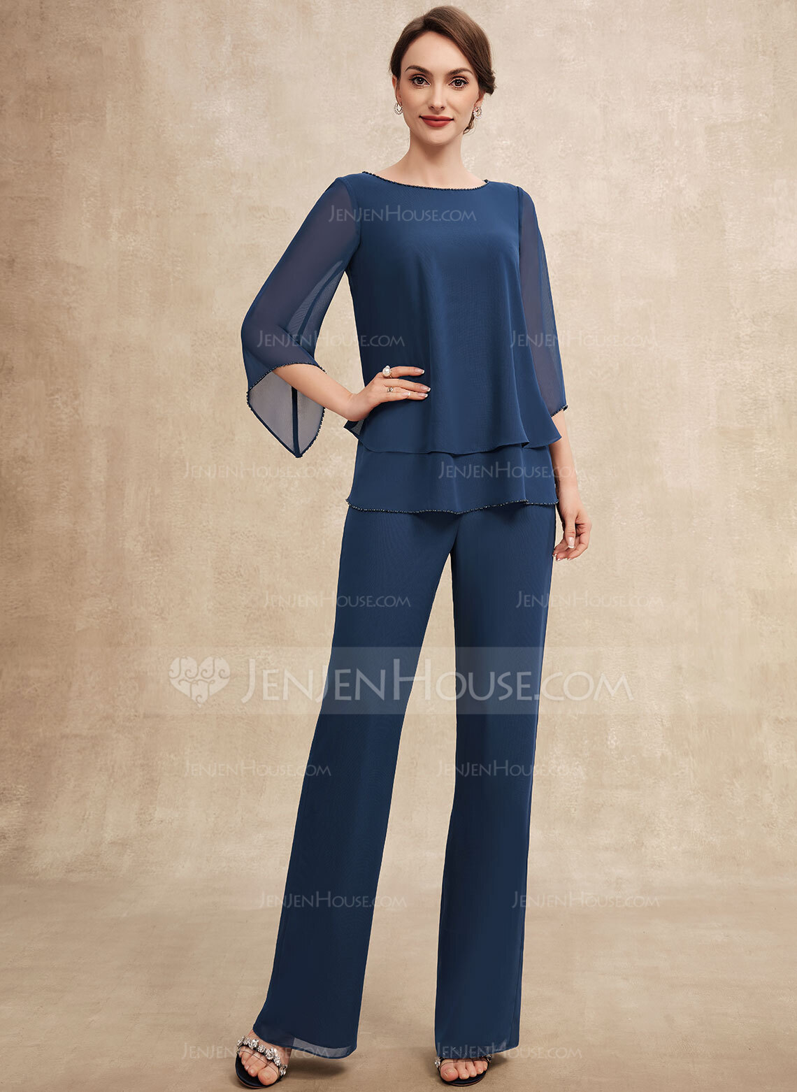Pantsuits Separates Scoop Floor-Length Chiffon Mother of the Bride Dress With Beading 