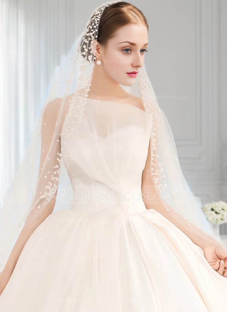 Pearl Cut Edge Single Tier Tulle Bridal Cathedral Length Wedding Veils 