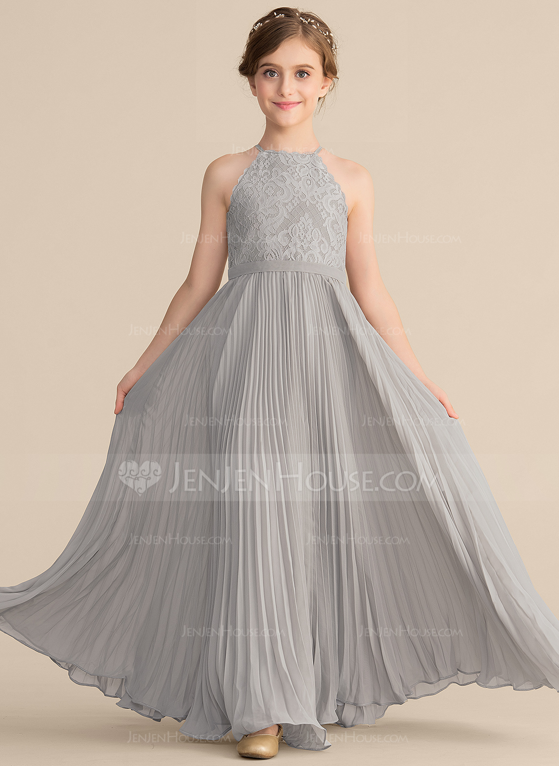 A-line Halter Floor-Length Chiffon Lace Junior Bridesmaid Dress With Pleated 