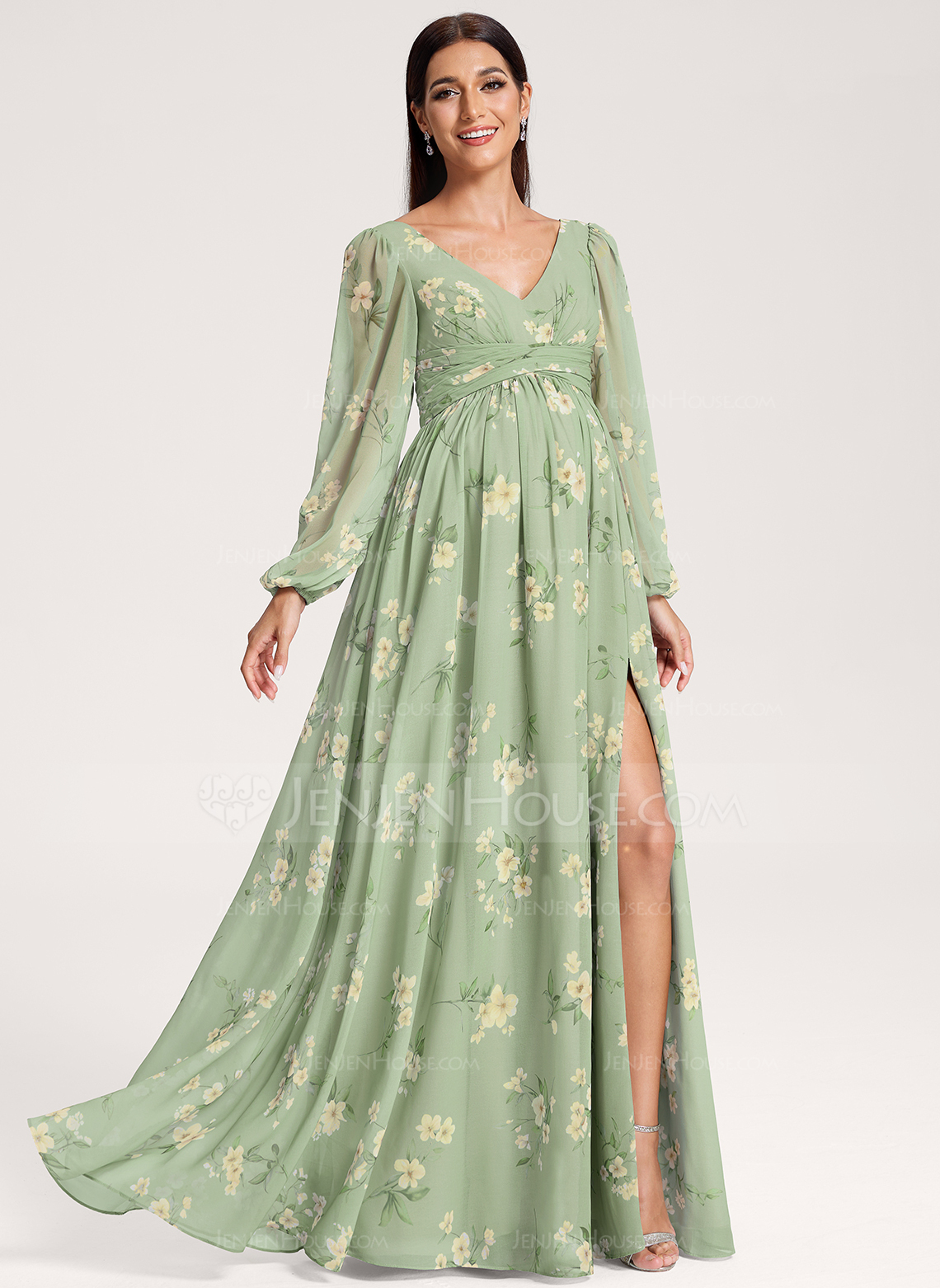 A-line V-Neck Floor-Length Chiffon Maternity Dresses With Ruffle 