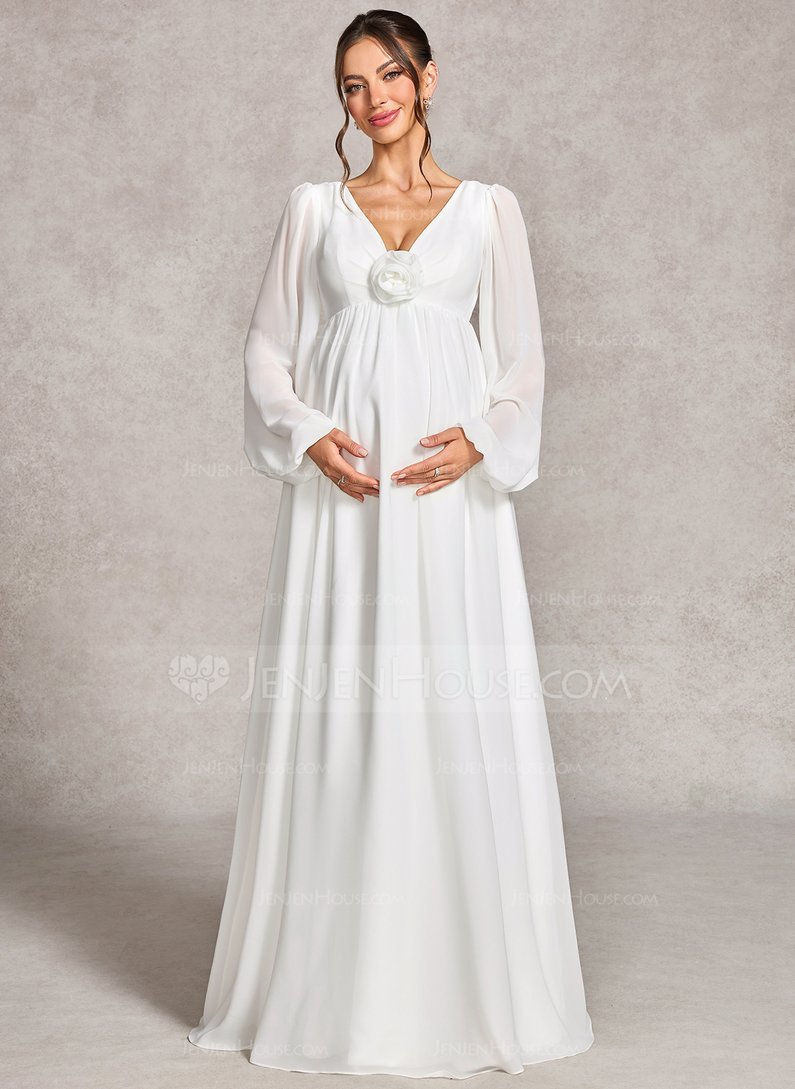 A-line V-Neck Floor-Length Chiffon Maternity Dresses With Pleated 3D Floral 