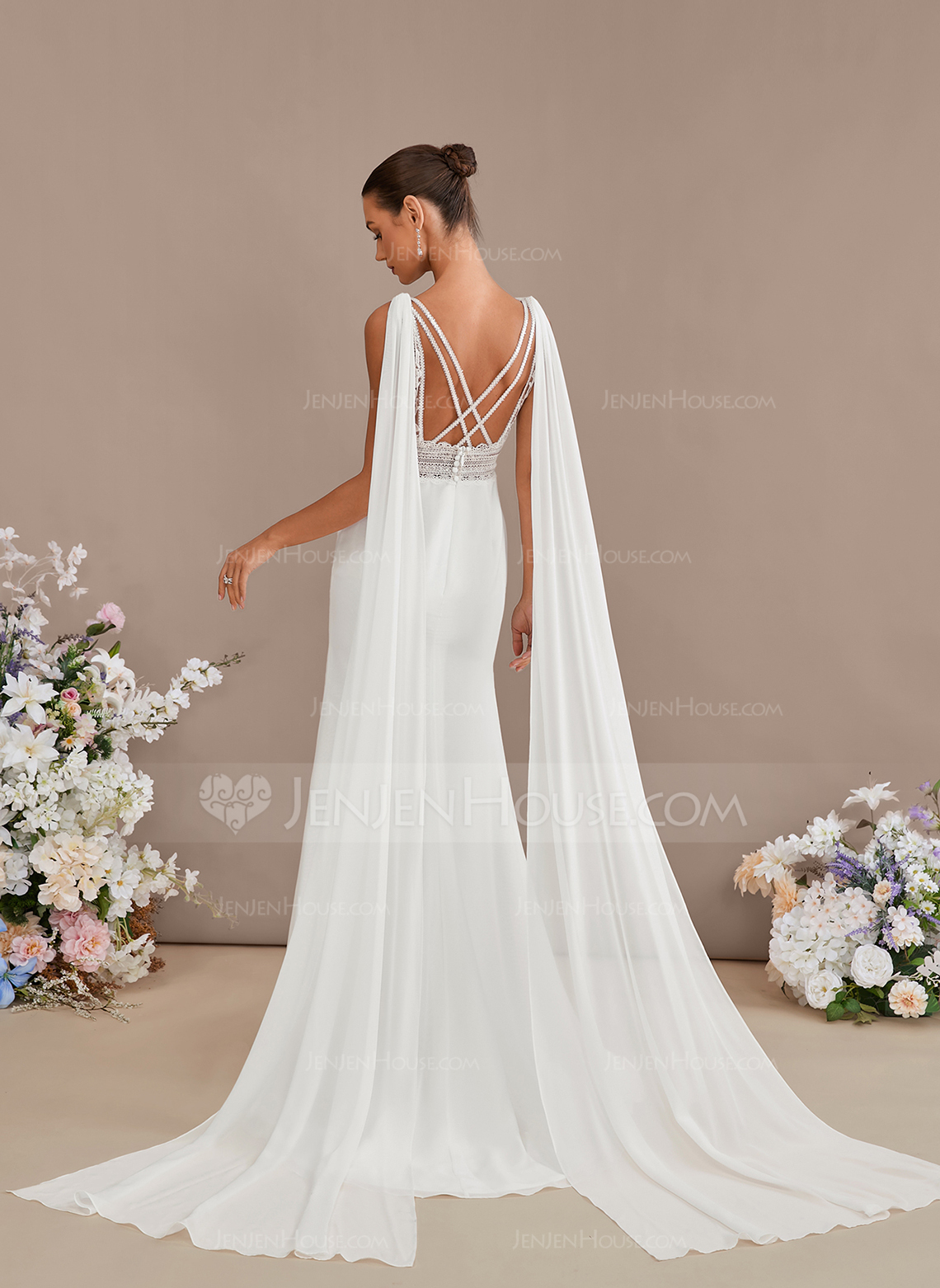 Trumpet/Mermaid V-Neck Sweep Train Lace Chiffon Wedding Dress With Sequins 