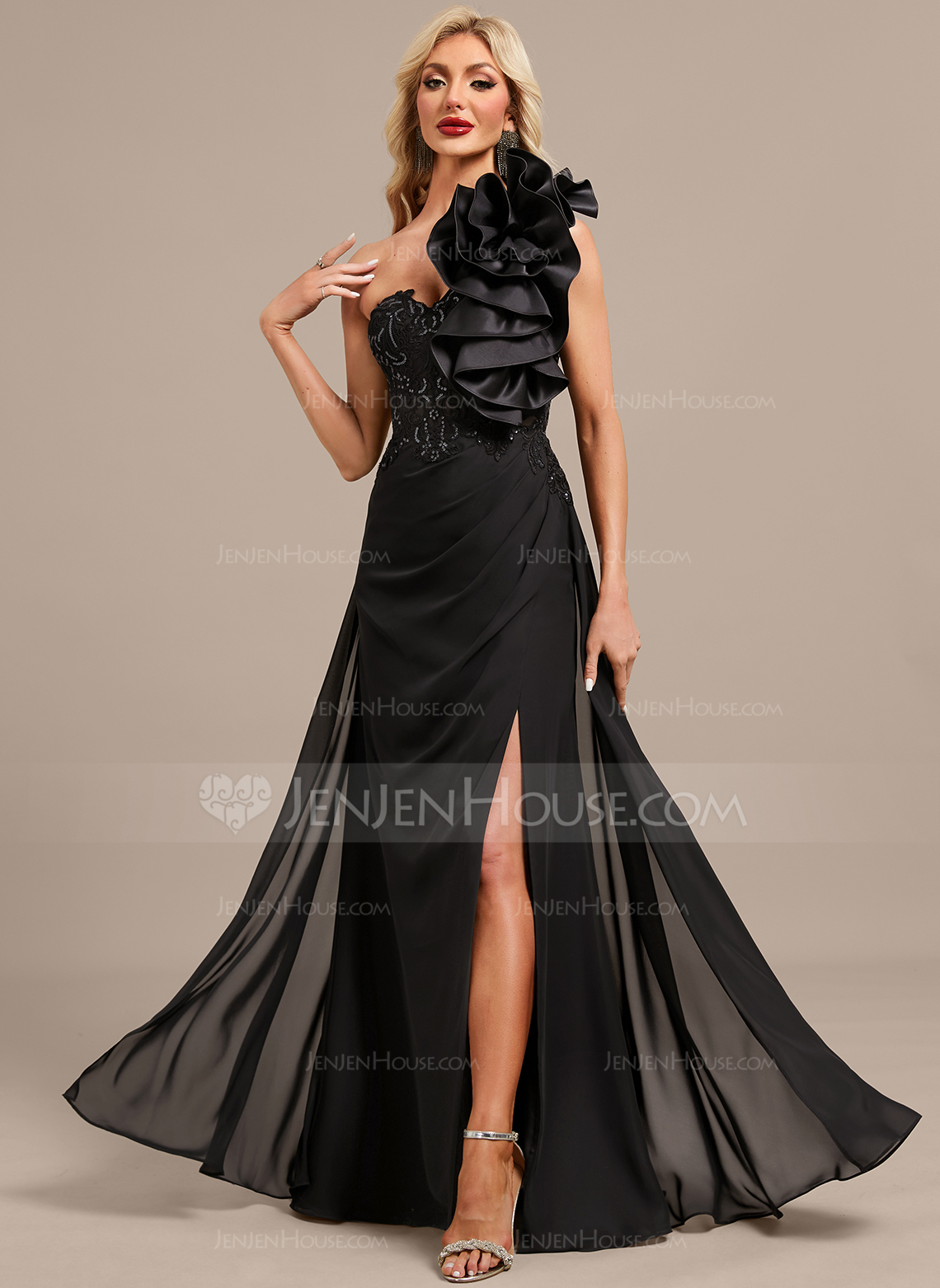 Sheath/Column One Shoulder Floor-Length Lace Chiffon Evening Dress With Overskirt 3D Floral Sequins Pleated 
