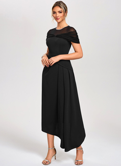 Rhinestone Illusion Short Sleeve A-line stretchy fabric Asymmetrical Midi Dress 