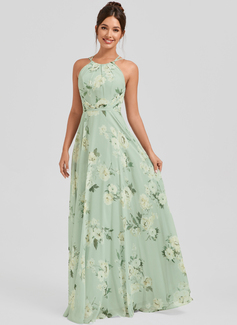A-line Halter Floor-Length Chiffon Bridesmaid Dress 