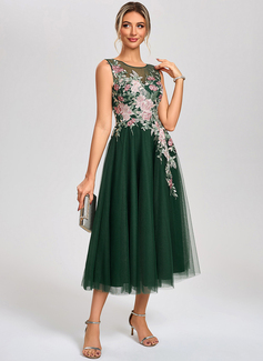 A-line Scoop Tea-Length Tulle Lace Cocktail Dress 