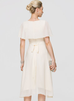 A-line V-Neck Asymmetrical Chiffon Cocktail Dress With Bow Cascading Ruffles 