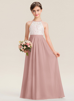 A-linja pyöreä kaula-aukko lattiaa hipova pituus sifonki kukka tyttö mekot 