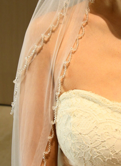 Beading Cut Edge Two Tier Tulle Bridal Fingertip Length Wedding Veils With Blusher 