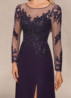 Sheath/Column Illusion Scoop Floor-Length Chiffon Tulle Evening Dress With Beading Overskirt Sequins 