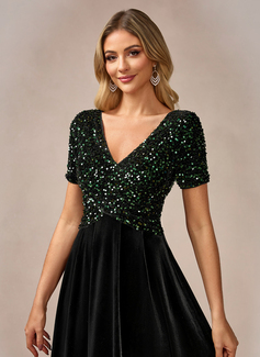 V-Neck Short Sleeve A-line Velvet Sequin Maxi Dress 