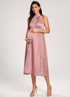 A-line Halter Tea-Length Maternity Dresses With Lace Pleated 