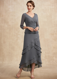 A-formet V-hals Asymmetrisk Chiffong Blonder Kjole til brudens mor med Frynse Profilering paljetter 