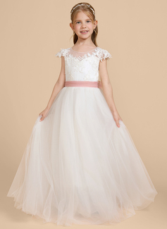 Prinzessin Rundhals Bodenlang Spitze Blumenmädchenkleid mit Cape-Ärmel Schärpe 