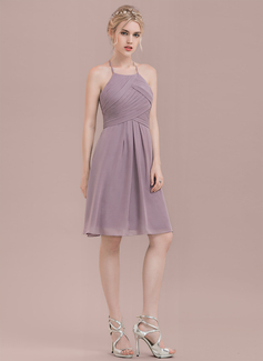 A-formet Scoop Hals Knelengde Chiffong Brudepikekjole med Frynse 