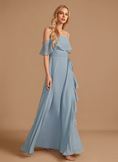 A-line kjole Skulderfri Gulvlengde Chiffon Brudepikekjole med Ruffle 