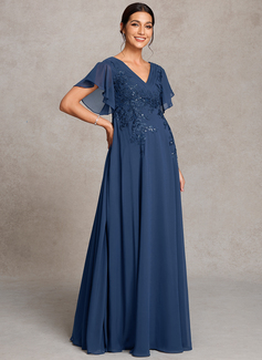 A-line V-Neck Floor-Length Lace Chiffon Maternity Dresses With Sequins Pleated 