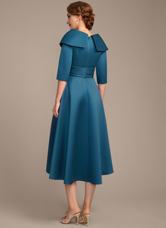 A-line Sweetheart Collared Tea-Length Satin Mother of the Bride Dress With Pleated 