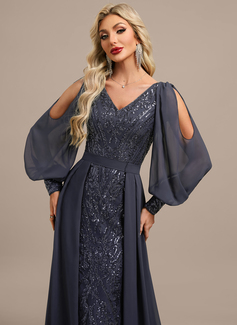 Sheath/Column V-Neck Floor-Length Detachable Lace Sequin Chiffon Evening Dress With Overskirt 