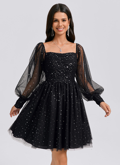 A-line Square Short Tulle Homecoming Dress With Pleated Sequins 