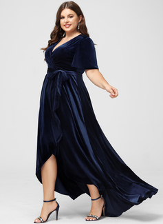 A-Linien-Kleid V-Ausschnitt Vokuhila Samt Brautjungfernkleid mit Schleife 