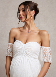 A-line Off the Shoulder Sweep Train Lace Maternity Dresses With Pleated 