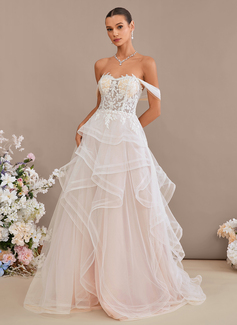 Ball-Gown/Princess Off the Shoulder Sweep Train Tulle Lace Wedding Dress With Sequins 