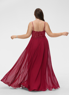 A-Linien-Kleid V-Ausschnitt Bodenlang Spitze Chiffon Ballkleid mit Pailletten 
