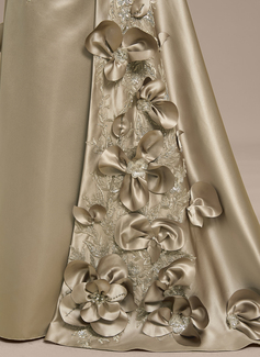 Sheath/Column Off the Shoulder Detachable Floor-Length Satin Evening Dress With Beading Overskirt 3D Floral Sequins Appliques Lace 