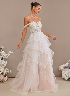 Ball-Gown/Princess Off the Shoulder Sweep Train Tulle Lace Wedding Dress With Sequins 