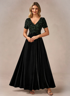 V-Neck Short Sleeve A-line Velvet Sequin Maxi Dress 