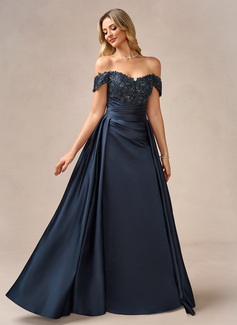 Sheath/Column Off the Shoulder Detachable Floor-Length Satin Lace Evening Dress With Overskirt Sequins Pleated 