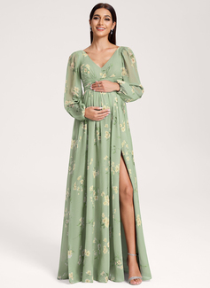 A-line V-Neck Floor-Length Chiffon Maternity Dresses With Ruffle 