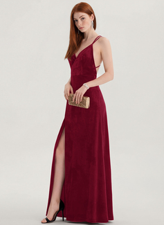 A-Linien-Kleid V-Ausschnitt Bodenlang Samt Brautjungfernkleid 
