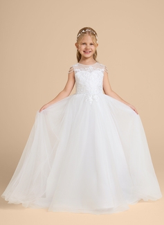 Prinzessin Rundhals Bodenlang Spitze Satin Tüll Blumenmädchenkleid mit Perlen 