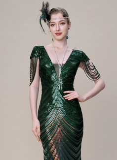 V-Neck Hand Beaded Chain Sleeve Beaded 1920s Evening Gown 