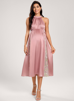 A-line Halter Tea-Length Maternity Dresses With Lace Pleated 